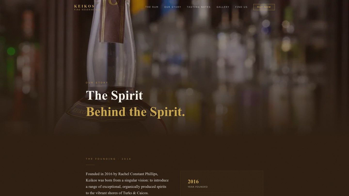 About page hero — KEIKOS bottle silhouette and the headline The Spirit Behind the Spirit