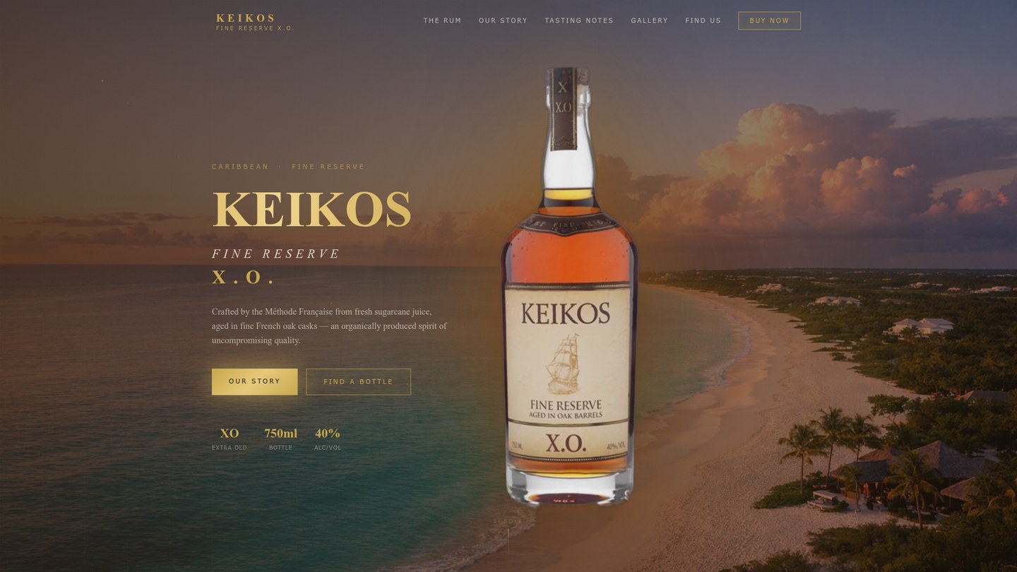 Keikos Fine Reserve bottle on sand at golden hour