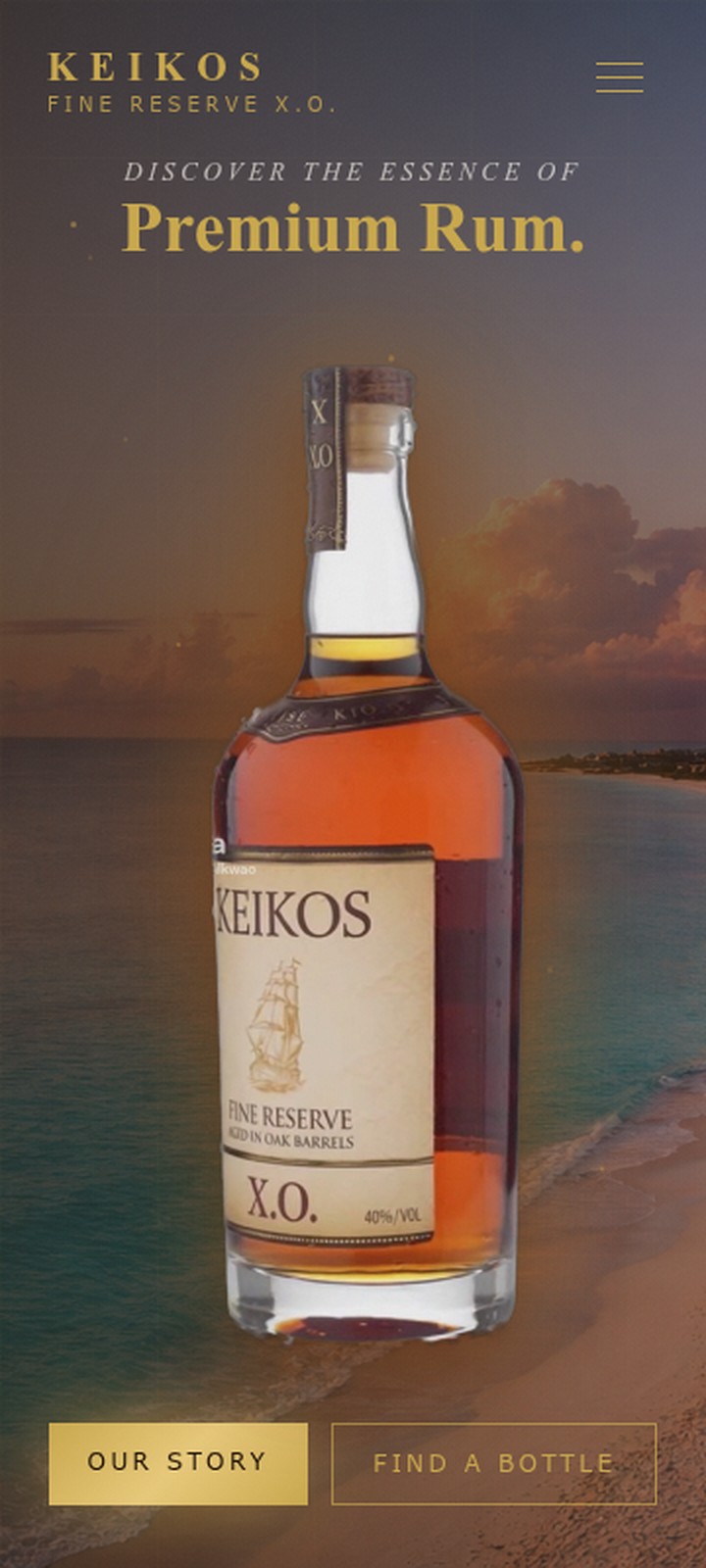 Mobile landing showing the KEIKOS bottle in front of the beach with primary CTAs
