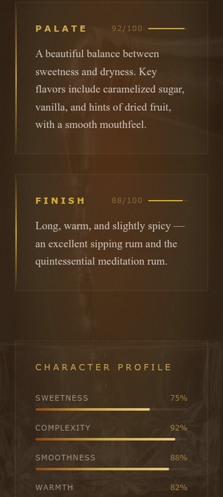 Mobile Tasting Notes section with the character profile sliders